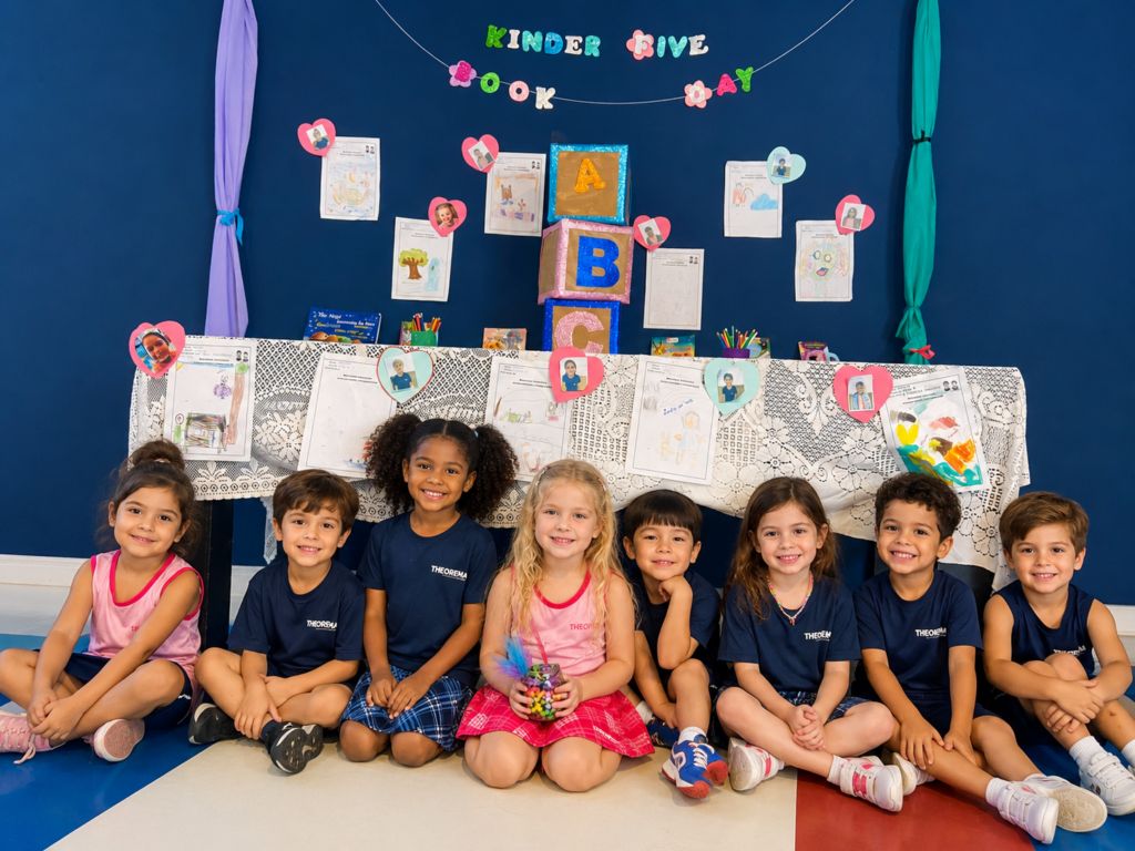 Alunos do Kindergarten do Theorema Bilingual School participando de atividade de interpretação e imaginação em inglês em ambiente acolhedor e bilíngue em Balneário Piçarras SC