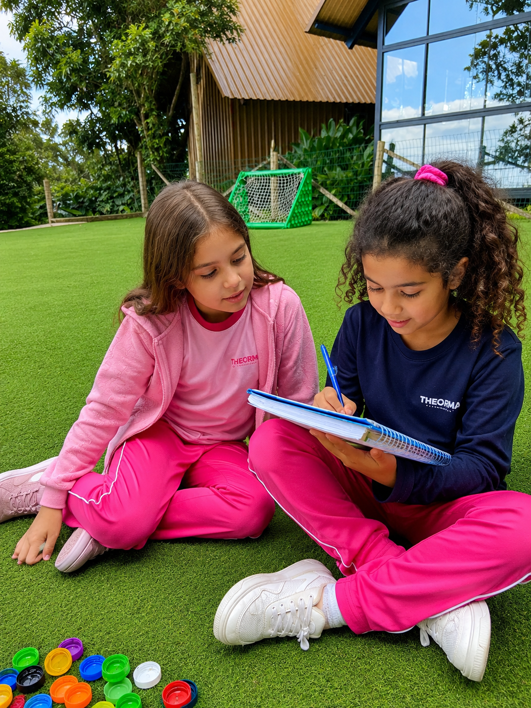 Children participating in a sensory and cognitive outdoor learning activity at Theorema Bilingual School, using colorful bottle caps to develop focus, collaboration, problem-solving and motor coordination in a nature-integrated environment with joyful learning methodology.