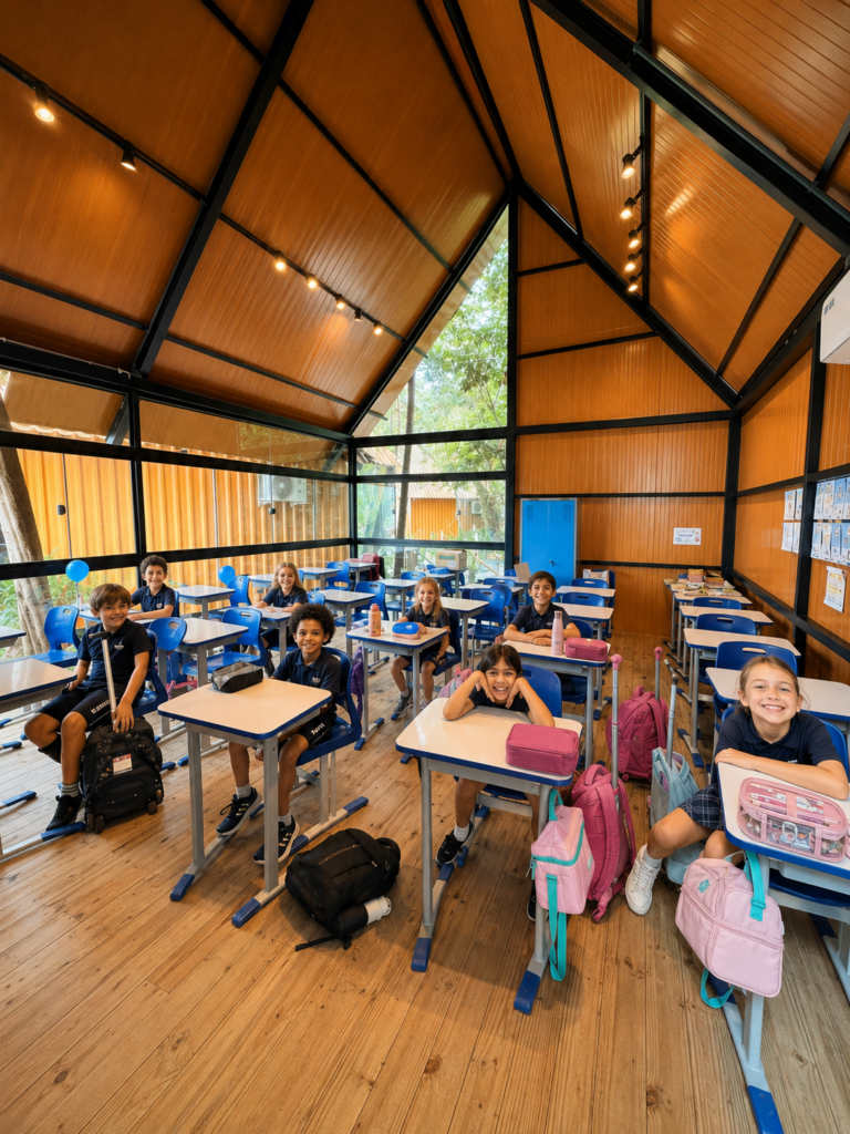 Sala de aula bilíngue premium em Balneário Piçarras com alunos realizando prova de nivelamento Anglo no Theorema Bilingual School.