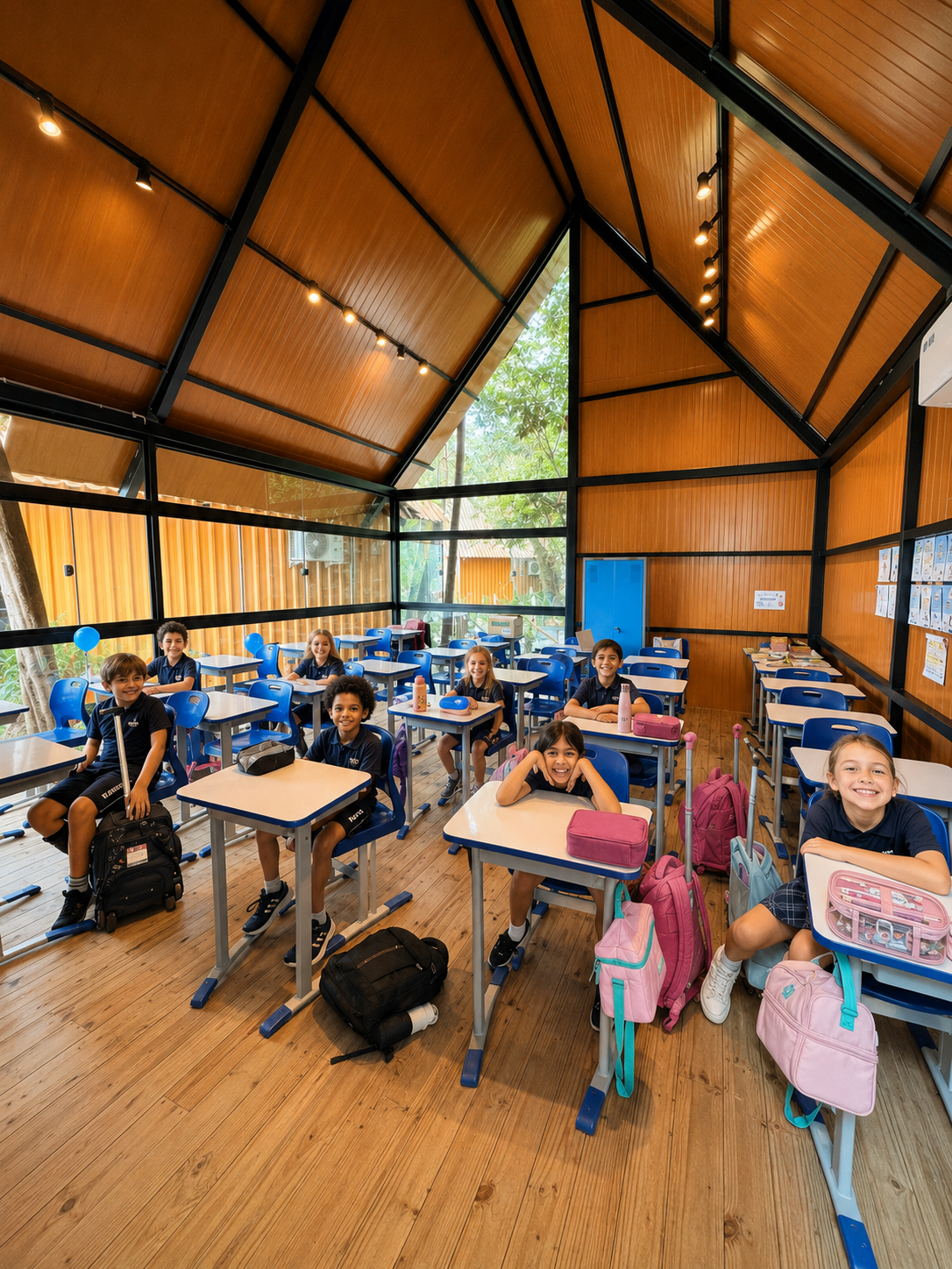 Sala de aula bilíngue premium em Balneário Piçarras com alunos realizando prova de nivelamento Anglo no Theorema Bilingual School.
