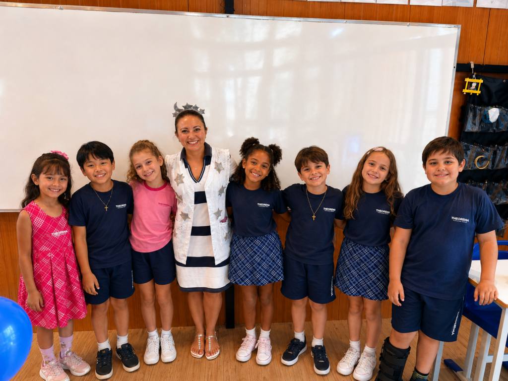 Escola bilíngue em Balneário Piçarras com alunos realizando prova de nivelamento Anglo em ambiente premium de aprendizagem no Theorema Bilingual School.