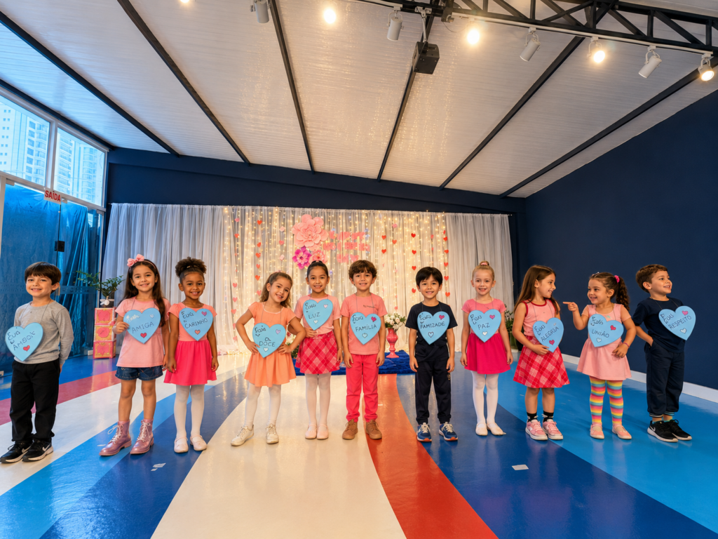 Apresentação coletiva de ballet infantil no Theorema Bilingual School em Balneário Piçarras, com crianças realizando atividade artística e expressão corporal em ambiente bilíngue premium, promovendo desenvolvimento emocional, coordenação motora, socialização e Joyful Learning na Educação Infantil.