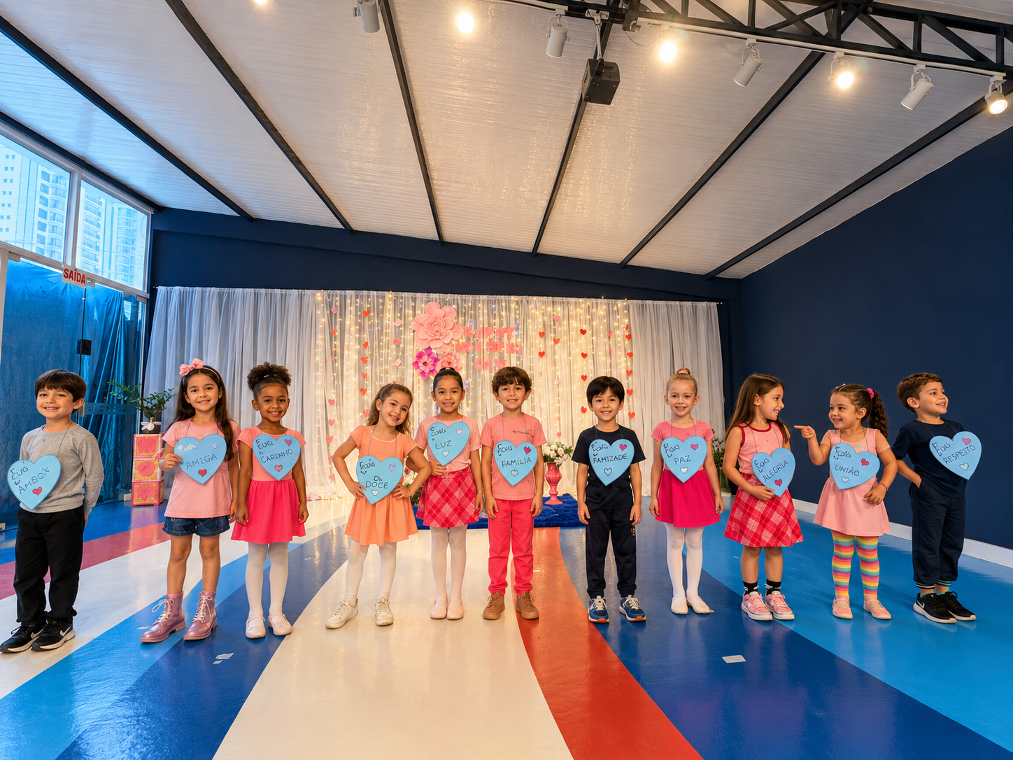 Apresentação coletiva de ballet infantil no Theorema Bilingual School em Balneário Piçarras, com crianças realizando atividade artística e expressão corporal em ambiente bilíngue premium, promovendo desenvolvimento emocional, coordenação motora, socialização e Joyful Learning na Educação Infantil.