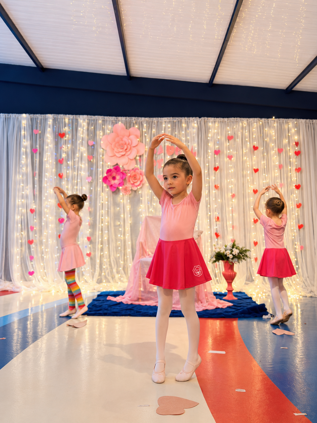 Apresentação de ballet infantil no Theorema Bilingual School em Balneário Piçarras, com aluna realizando atividade artística e expressão corporal em ambiente bilíngue premium, promovendo coordenação motora, desenvolvimento emocional, criatividade e Joyful Learning na Educação Infantil.