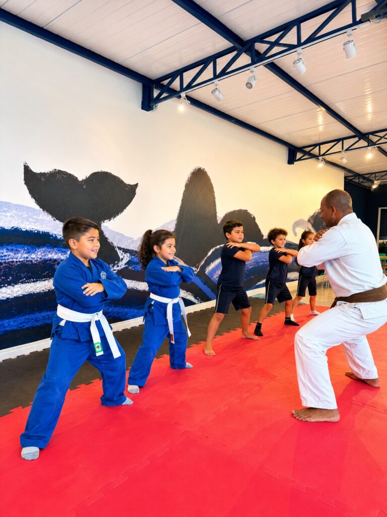 Aula de artes marciais infantis no Theorema Bilingual School em Balneário Piçarras SC, com desenvolvimento de disciplina, corporeidade, coordenação motora e formação bilíngue em ambiente premium.